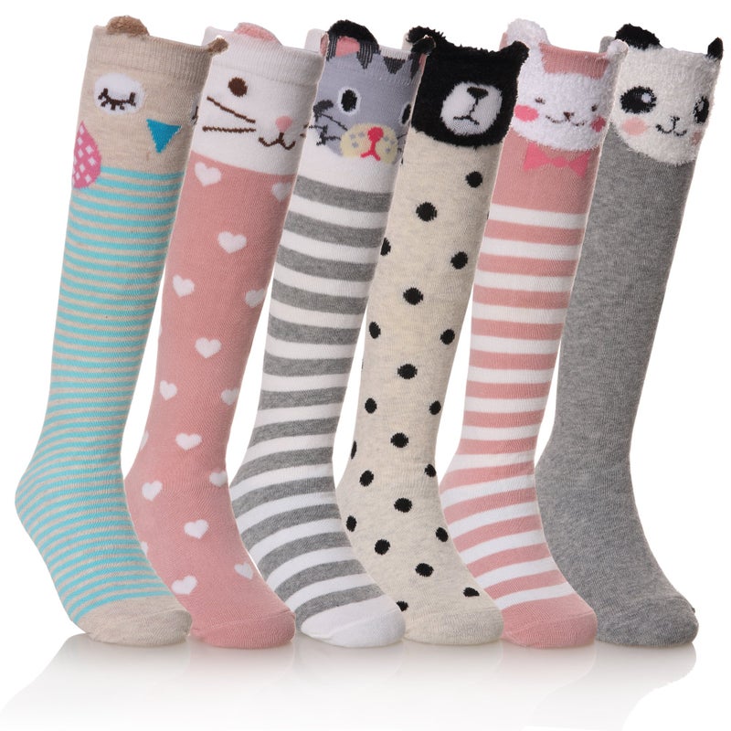 FNOVCO Girls Knee High Socks Kids Crazy Fun Gift Cute Animal Patterns Cotton Long Socks 6 Pairs (6 Pairs Animal) - Image 1